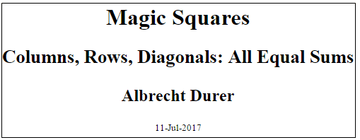 标题页标题为“Magic Squares”，subtitle“列，行，对角线：所有等金属”，作者“Albrecht Dureer”以及日期