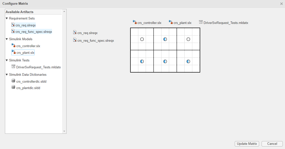 配置矩阵窗口,包括可用的工件左边窗格和预览的矩阵在右窗格中