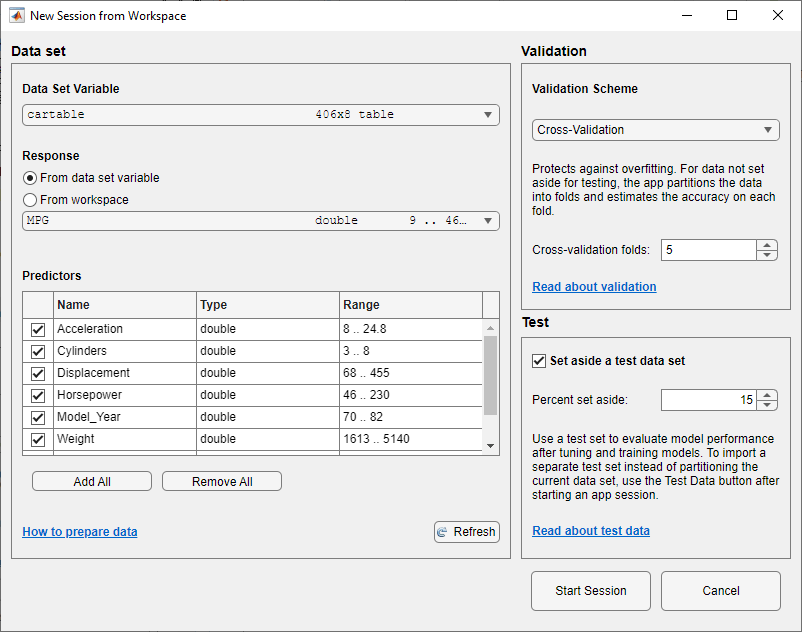 New Session from Workspace dialog box with 15 percent of the imported data set aside for testing