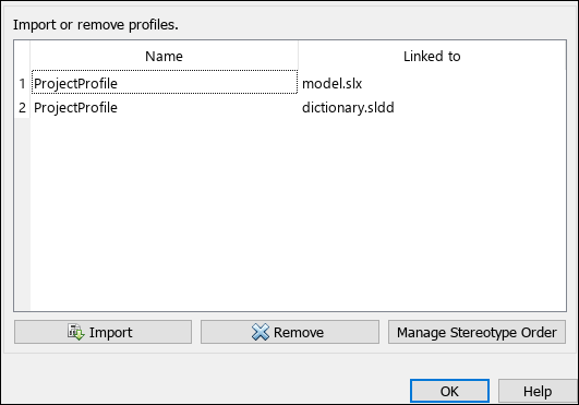 Linked profiles dialog with profile linked to a model and a dictionary with options to import and remove.