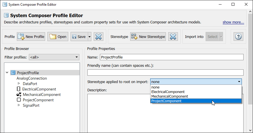 对于概要文件“Project profile”，使用概要文件属性部分选择“Stereotype applied to root on import”作为“Project component”。