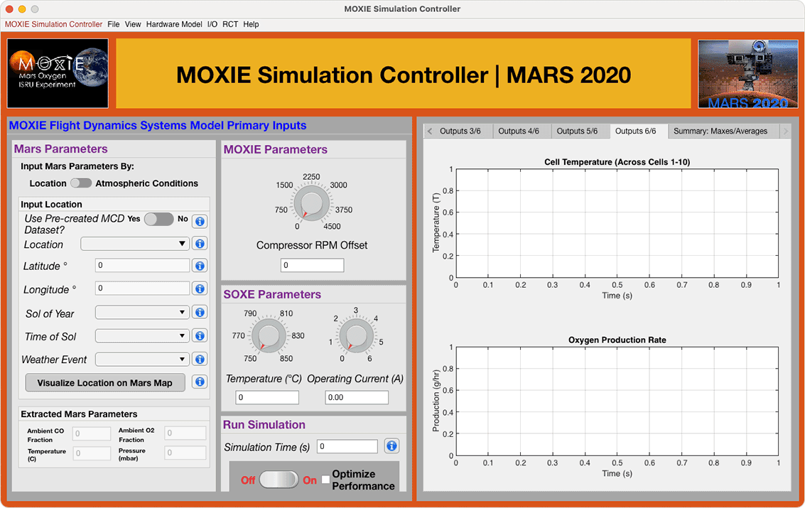 应用程序的屏幕截图。左侧面板控制火星,勇气和SOXE参数以及仿真时间。右边的面板显示了模型输出,绘制细胞温度和氧气生产速度。