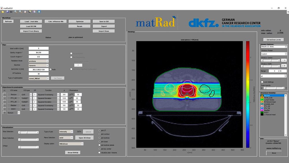 matRad 2.10.0界面，具有工作流、计划、优化和可视化控件。