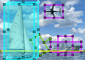船周围的绿色矩形和飞机周围的粉红色矩形