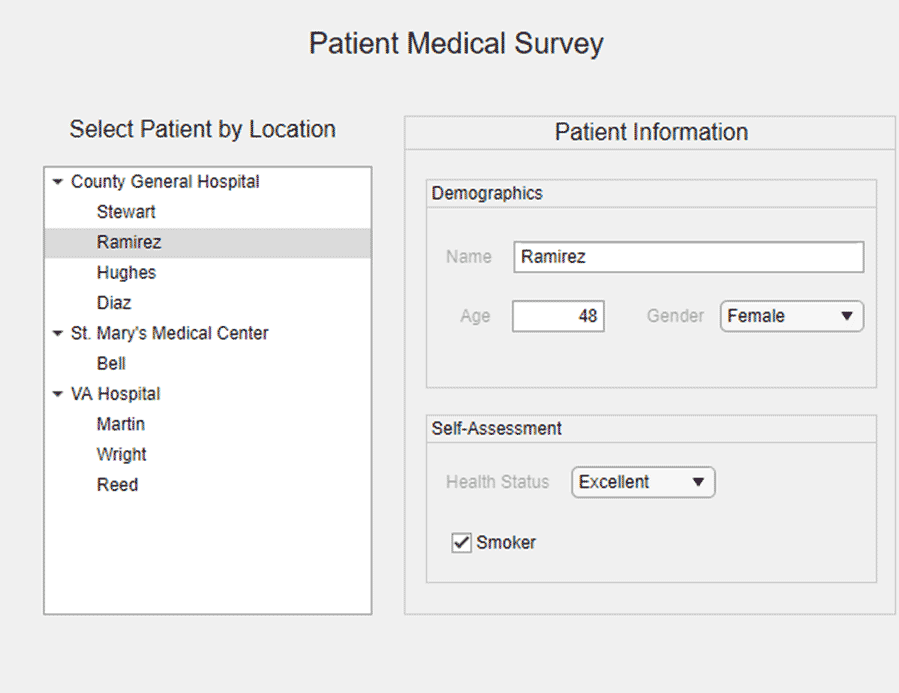 示例应用程序在应用程序设计器使用层次树显示病人信息。