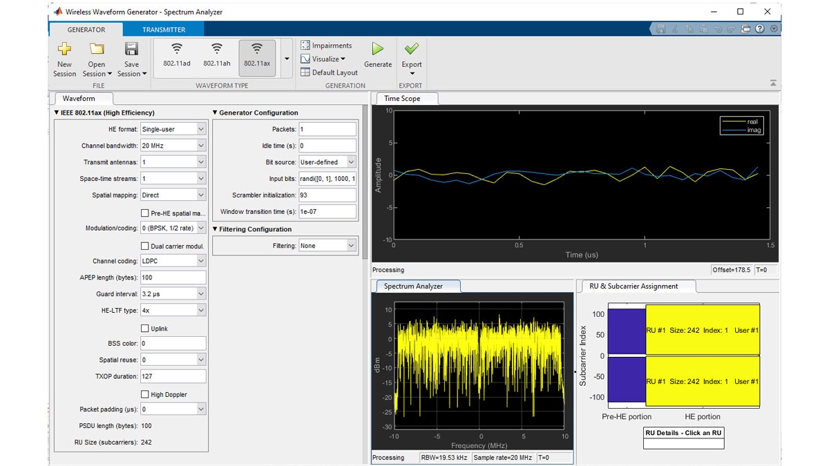 802.11ax波形生成使用无线波形发生器app。