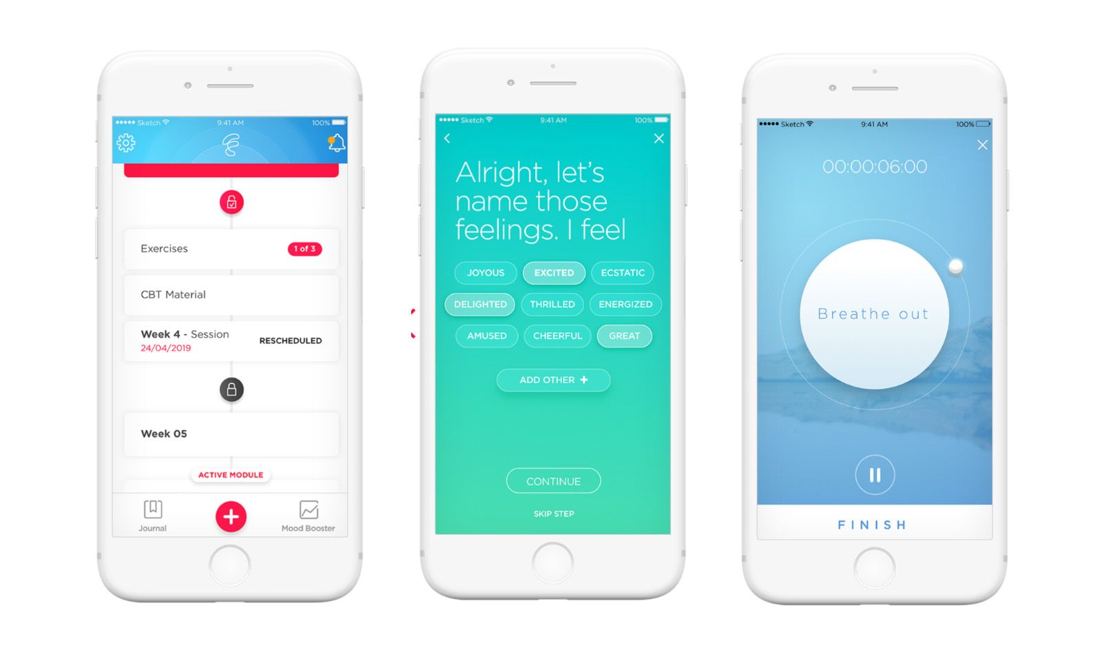 三个智能手机屏幕显示感觉手机应用。左:感觉应用程序包括日志和治疗师的建议。中心:应用程序提示用户识别当前的情绪。对的:应用程序建议呼吸练习。