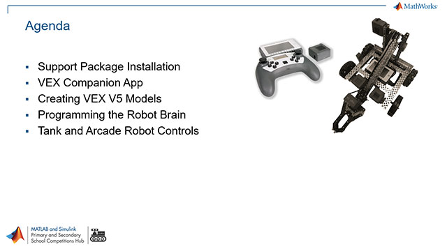 Get started using Simulink to program the VEX EDR V5 Robot brain and learn how to program arcade and tank robot controls.