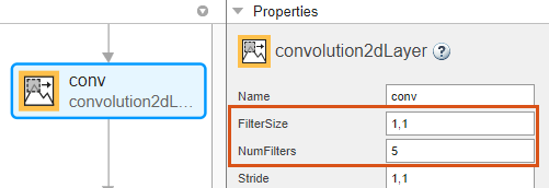 在深度网络设计器中选择卷积2-D层。属性窗格显示FilterSize设置为1,1和NumFilters设置为5。
