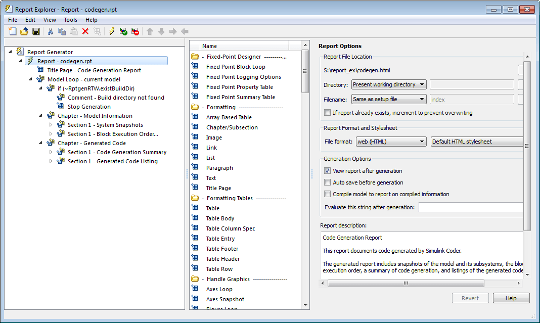 报告资源管理器对话框。在左侧窗格中，是报表代码原。选择“RPT”。右边的Report Options窗格显示了该报表的选项。