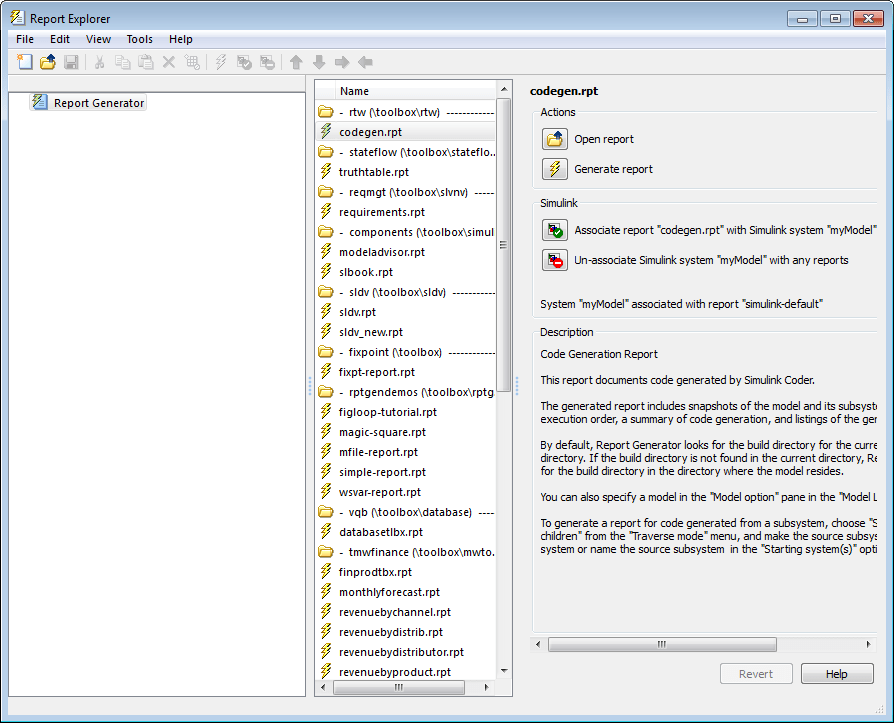 报告资源管理器对话框。安装文件代码原。在中心窗格中选择RPT。右边窗格显示了文件的描述和打开报告或生成报告的操作按钮。
