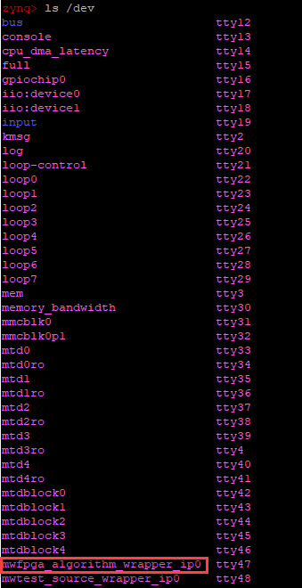 ls / dev命令的结果。mwfpga_algorithm_wrapper_ip0突出显示。