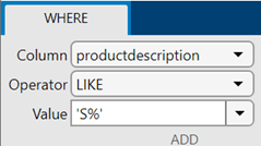 在选项卡显示所选productdescription列,像运营商和S %值在单引号。