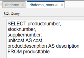 SQL查询的窗格显示SQL SELECT语句选择productnumber, stocknumber, suppliernumber, unitcost, productdescription producttable列的表。unitcost后的查询包含SQL语句和productdescription列重命名为成本和描述,分别。