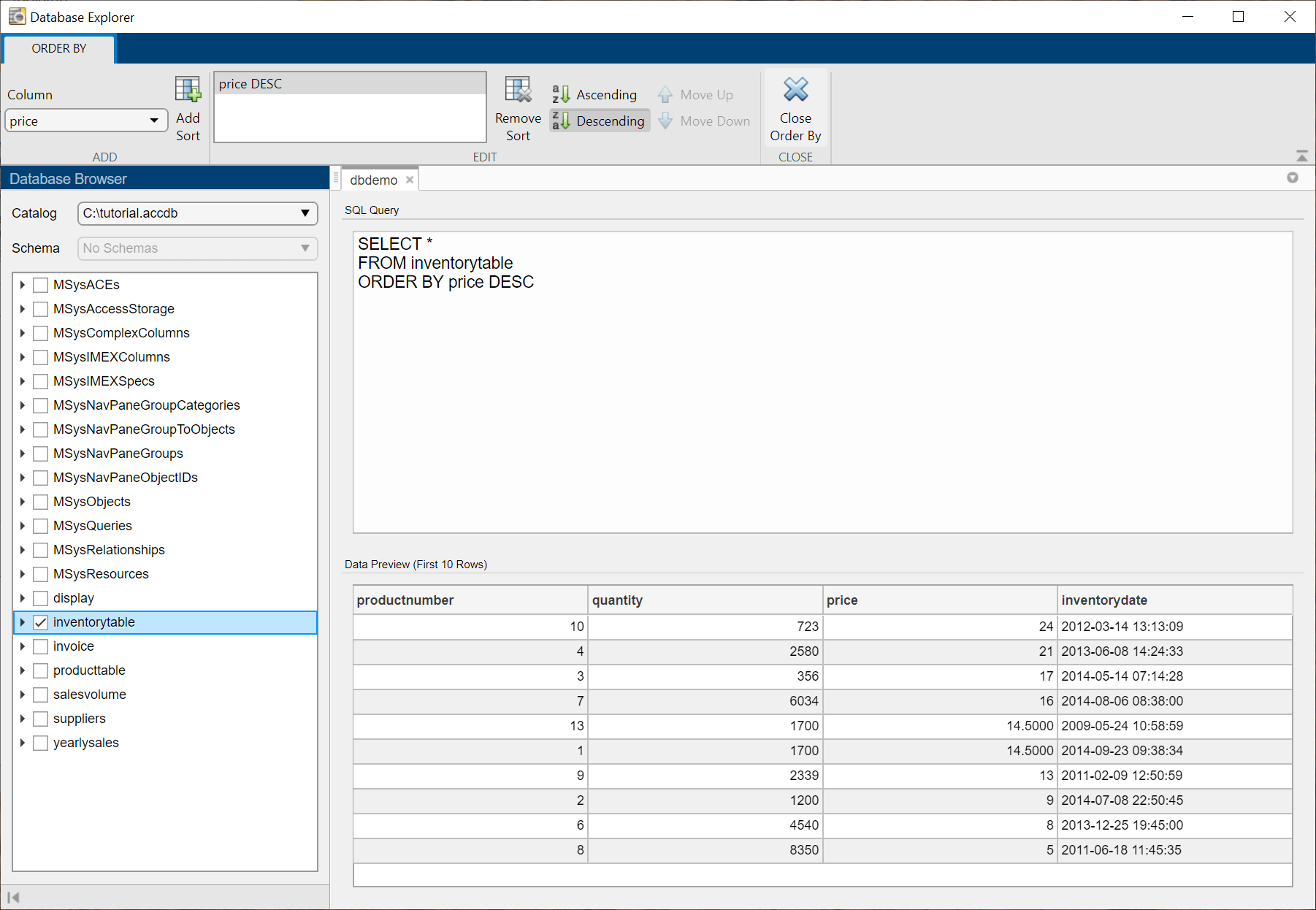 数据库浏览器窗格显示所选表inventoryTable Database Explorer中的应用。SQL查询的窗格显示SQL SELECT语句选择表中所有数据按列价格降序排序。数据预览窗格显示的数据表中的前十行按价格列中的值降序排列。