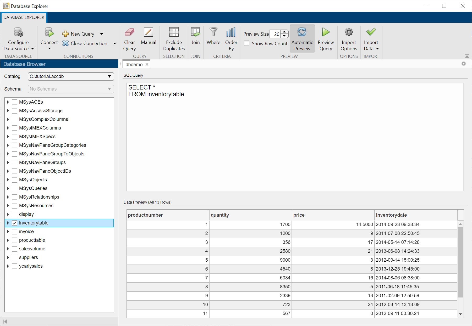 数据库浏览器窗格显示所选表inventoryTable Database Explorer中的应用。SQL查询的窗格显示SQL SELECT语句选择表中的所有数据。数据预览窗格显示所有的数据表中的所有13行。