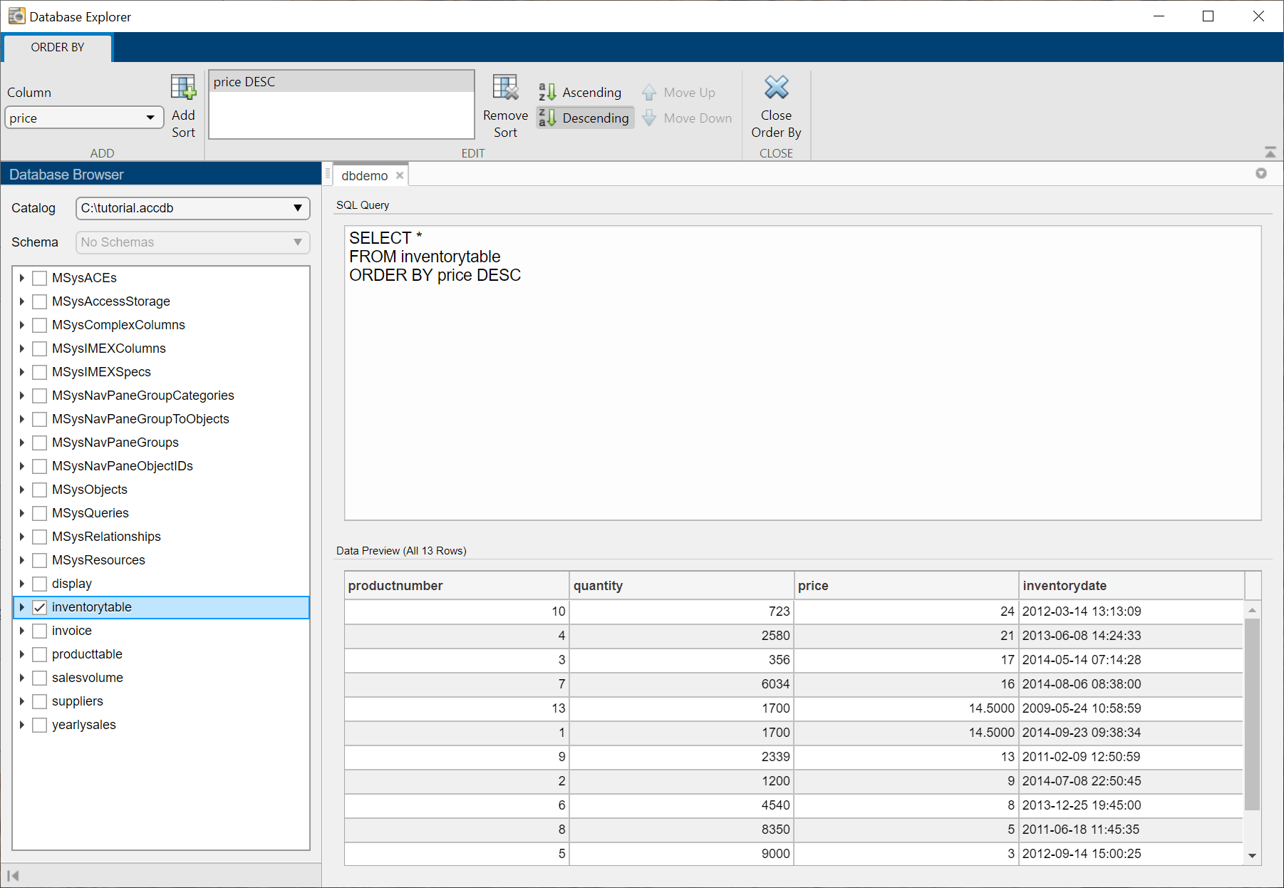 数据库浏览器窗格显示所选表inventoryTable Database Explorer中的应用。SQL查询的窗格显示SQL SELECT语句选择表中所有数据和订单数据的价格列在降序排列。数据预览窗格中显示所有数据表中所有13行命令的价格列。