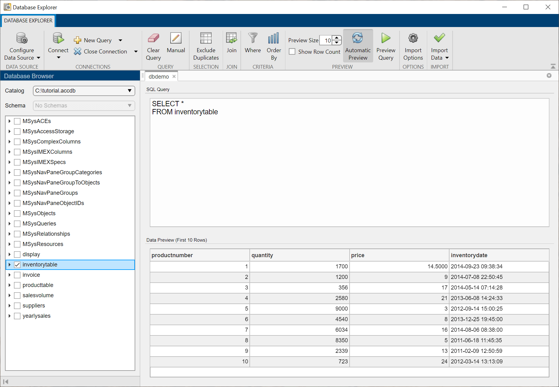 数据库浏览器窗格显示所选表inventoryTable Database Explorer中的应用。SQL查询的窗格显示SQL SELECT语句选择表中的所有数据。数据预览窗格显示前10的数据表中的行。