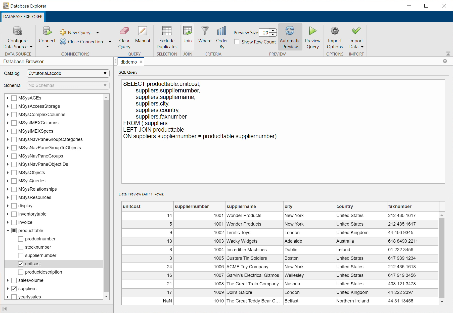 数据库浏览器窗格显示选中的表与所选unitcost productTable列Database Explorer中的应用。SQL查询的窗格显示SQL SELECT语句,从表中选择unitcost列productTable和从表中所有的列供应商。11的数据预览窗格显示数据返回的行。