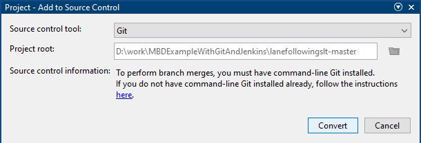 弹出“添加到源代码控制”窗口。源控制工具被选择为Git，并且给出了项目根。有一个转换按钮。