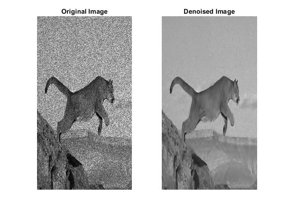 オリジナル画像 (左) とノイズ除去済み画像 (右)。ウェーブレットのノイズ除去関数を使用して、画像のエッジを維持したまま、ノイズ除去を行いました。