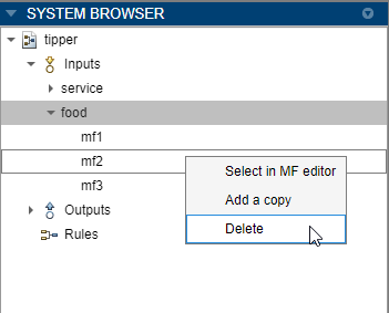系统浏览器的food变量被展开以显示MF，右击菜单显示第二个MF的Delete选项。