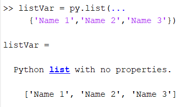MATLABでのPython列表変数の使用