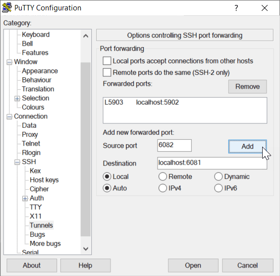 “PuTTY Configuration”窗口。填写“源端口”和“目的端口”，单击“新建”，建立SSH隧道。