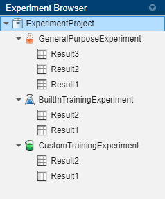 Experiment Browser showing two experiments. Experiment1 is a built-in training experiment with four results. Experiment2 is a custom training experiment with two results.