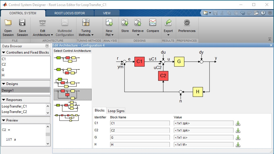 在“控制系统设计器”应用程序中指定多回路控制系统体系结构