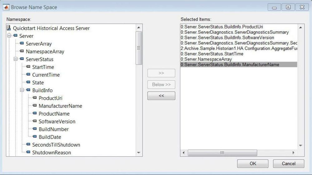画像用の代替テキスト:サーバー上で利用可能なすべてのノードからのOPC UAノード群の選択を示すOPC UA名前空間ブラウザー。