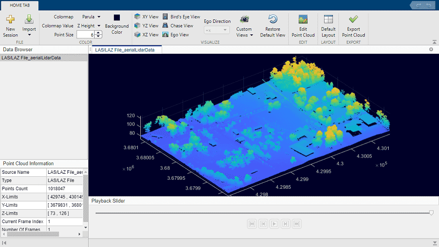 在激光雷达查看器应用程序中缩小激光雷达数据视图。