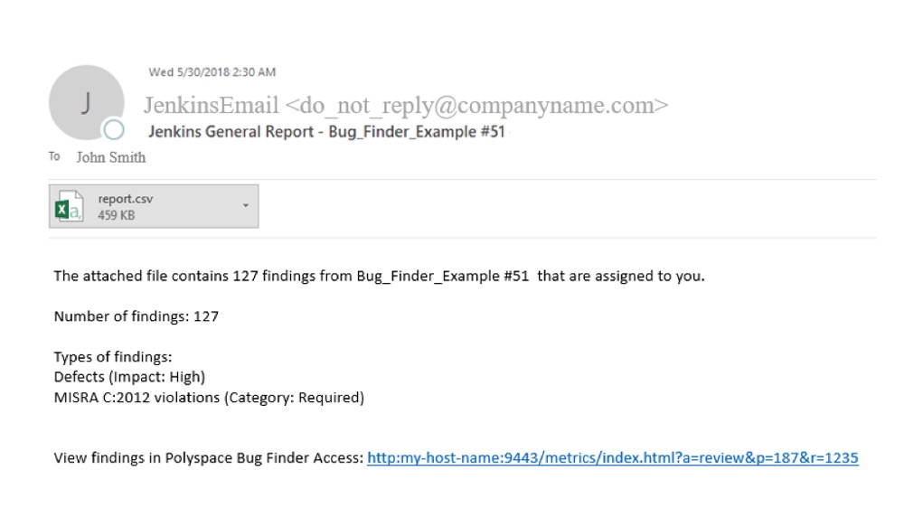 Polyspace错误发现者の検証結果を記載したメール通知を送信。