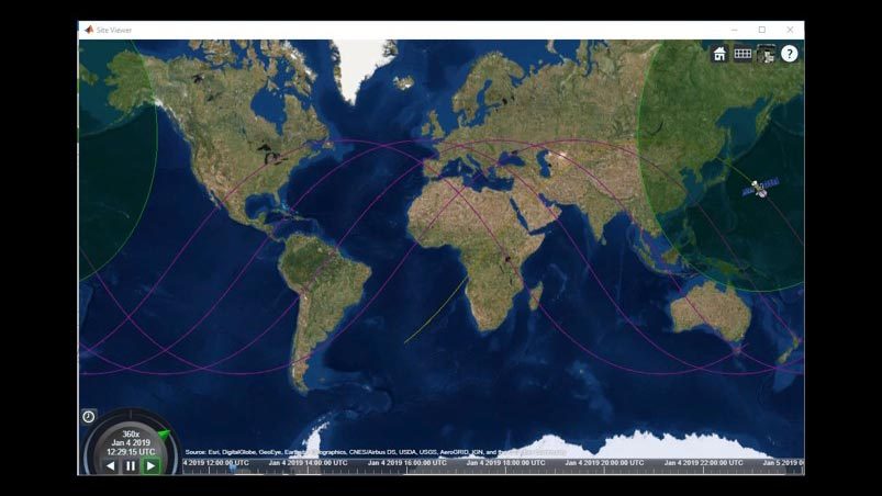 軌道上の衛星のグラウンドトラックと移動時の視野を描いたグローバルマップ。