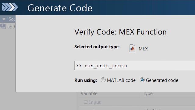 使用MATLAB的单元测试框架来检查是否改变你的MATLAB代码导致任何单元测试失败在MATLAB编码器生成的C代码。
