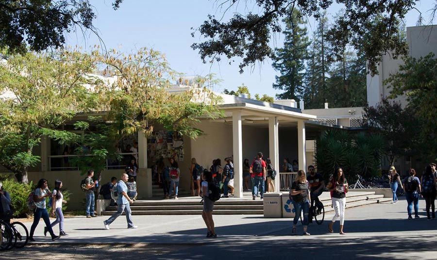 大学生上课走在一个晴朗的日子,在加州大学戴维斯分校校园之外的年轻的大厅。