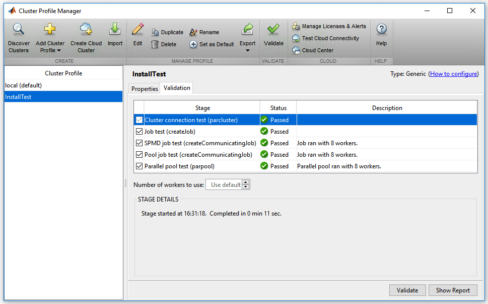 选择集群与InstallTest集群配置文件管理器概要文件。验证结果InstallTest集群在右窗格中所示。