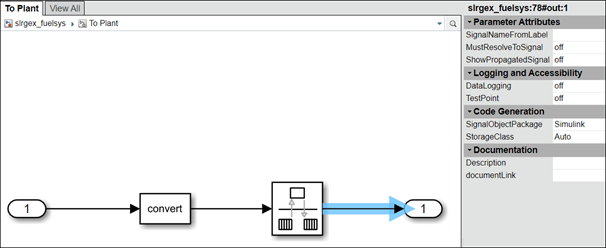 web视图模型查看器窗格显示了To Plant系统。Outport块的输入信号高亮显示，对象检查器窗格显示信号属性。