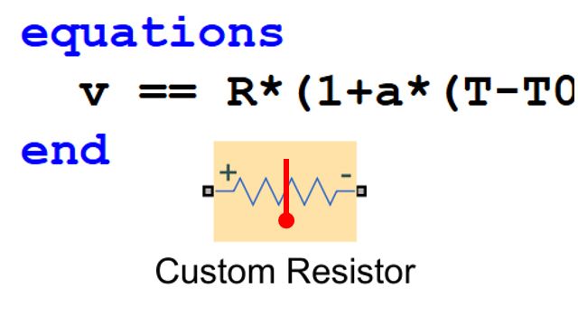 建模一个定制的电子组件。Simscape扩展到MATLAB被用来定义一个温度相关的电阻。