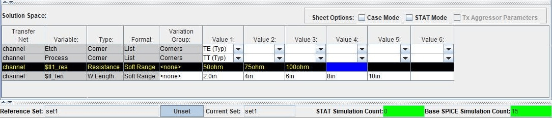 解决方案空间面板显示不同一个变量与三个值和一个变量与五值收益总共15模拟