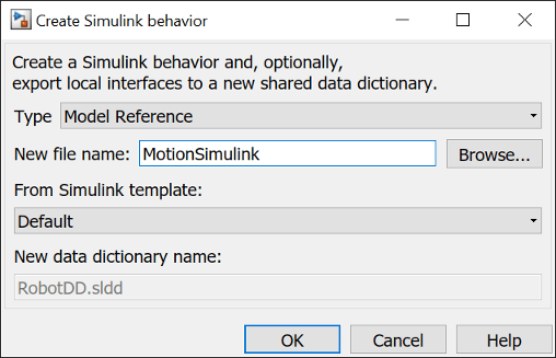 创建带有新模型万博1manbetx名称“数据处理”的Simulink行为对话框，选项包括浏览、从Simulink模板、新的数据字典名称、OK、取消和帮助。
