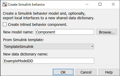 为组件创建Si万博1manbetxmulink行为。从Simulink模板和新的数据字典创建新模型。万博1manbetx
