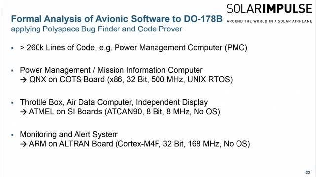 Explore how Solar Impulse uses Polyspace static analysis to ensure the software in their solar plane complies with DO 178B.