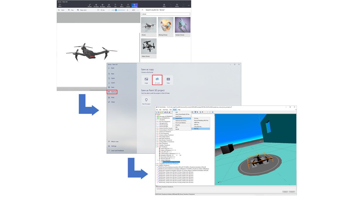 无人机从油漆3D库导入，保存为FBX文件，并加载到3D世界。