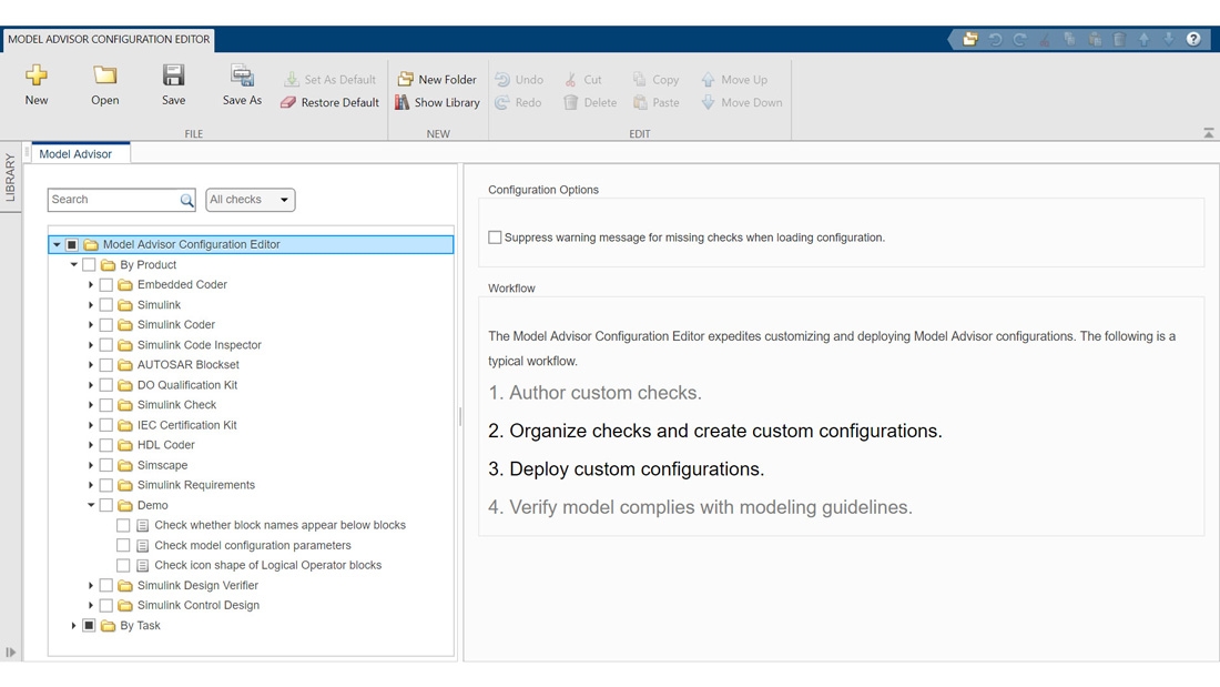 Create custom checks using the Model Advisor Configuration Editor.