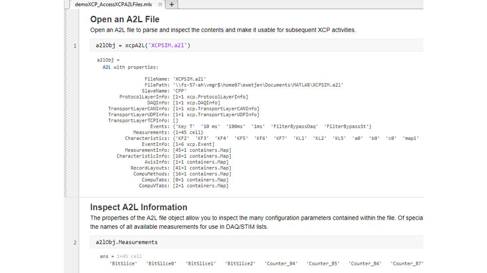 代码示例显示如何访问存储在A2L文件中的信息，以便与XCP连接一起使用。它使用从矢量和矢量虚拟CAN通道免费提供的XCP从模拟器。