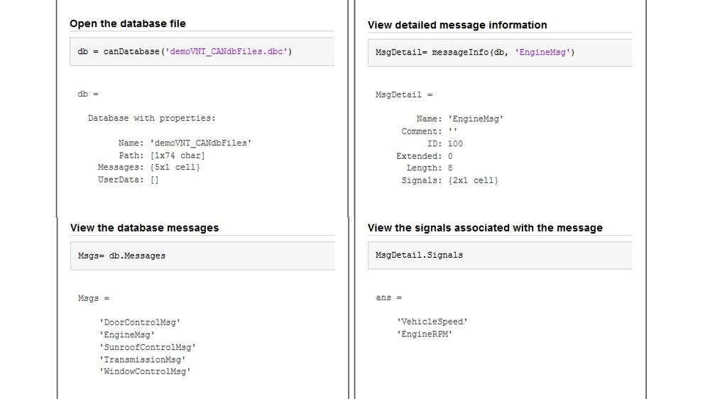 代码示例显示如何使用存储在CAN数据库文件中的信息查看邮件。