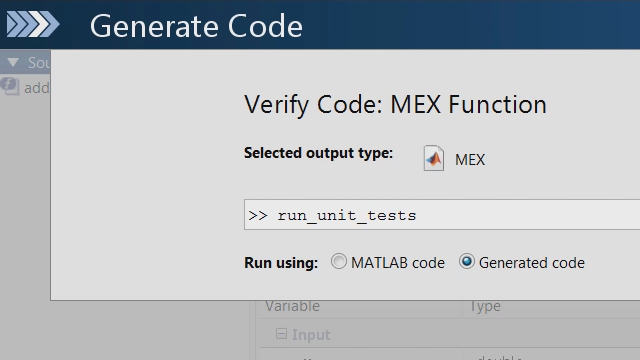 使用MATLAB单元测试框架检查对MATLAB代码的更改是否导致MATLAB Coder生成的C代码中的任何单元测试失败。