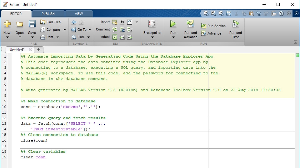 从数据库资源管理器应用程序生成的MATLAB代码