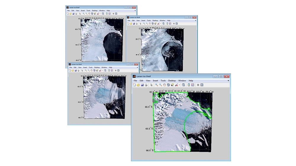 关闭拉森冰架，南极的，过了3个月的时间。使用图像处理工具箱原始海岸线分段。图片来源：NASA /戈达德太空飞行中心的科学可视化工作室。